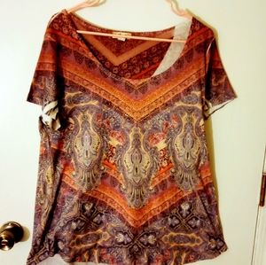 Ladies Short Sleeved Teashirt with Gold beading with an Indian print